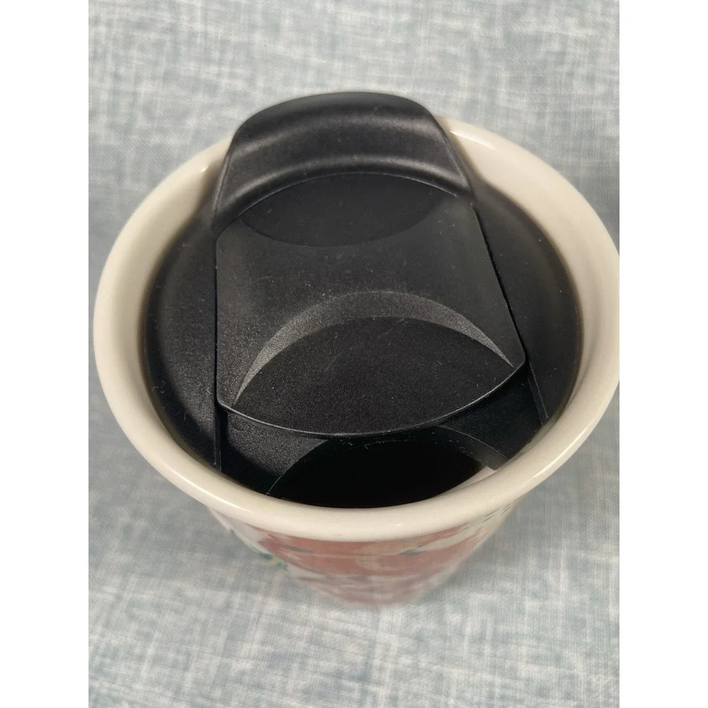 Starbucks 2015 Ceramic Travel Mug Tumbler Floral Poppy 10 oz. Black Plastic Lid